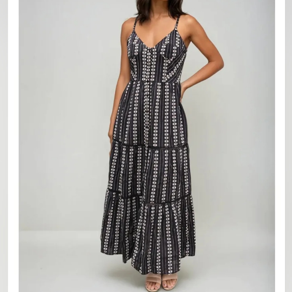 MAISON HOTEL | Black White Floral Striped‎ Cotton Button Tiered Maxi Dress | L